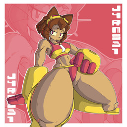 4_fingers armor armwear black_nose border breasts brown_body brown_fur brown_hair cleavage clothed clothing club_arms female fingers frown fur gauntlets gloves hair handwear huge_thighs kneeling looking_at_viewer medium_breasts muscular muscular_female muscular_humanoid panties pink_armwear pink_clothing pink_panties pink_topwear pink_underwear pose purple_eyes solo striptease tan_body tan_skin thick_thighs topwear underwear whiskers white_border wide_hips yellow_armwear yellow_clothing yellow_panties yellow_underwear j4rms31 gameoverse glitch_productions kit_bodega animal_humanoid cat_humanoid felid felid_humanoid feline feline_humanoid humanoid mammal mammal_humanoid 1:1 absurd_res hi_res