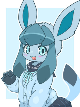 ambiguous_gender anthro blue_body blue_clothing blue_eyes blue_shirt blue_topwear blush bottomwear clothing ears_up fur looking_at_viewer open_mouth school_uniform shirt simple_background skirt smile solo topwear uniform sankoh_test nintendo pokemon eeveelution generation_4_pokemon glaceon pokemon_(species) 3:4 hi_res