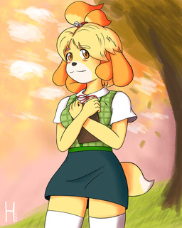 accessory anthro bell bottomwear breasts clothing female fur green_clothing green_topwear green_vest hair legwear necktie pencil_skirt red_necktie shirt skirt solo tail thigh_highs topwear vest white_clothing white_legwear white_shirt white_thigh_highs white_topwear yellow_body yellow_fur hven animal_crossing nintendo isabelle_(animal_crossing) canid canine humanoid mammal 4:5 absurd_res hi_res