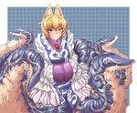 big_breasts blonde_hair blue_background blue_body blue_tentacles breasts clothed clothing dress female fluffy frilly frilly_clothing fully_clothed fur furred_tentacle hair high-angle_view inner_ear_fluff light_body light_skin long_sleeves looking_at_viewer simple_background smile solo standing tabard tan_body tan_fur tentacles tuft what_has_science_done white_clothing white_dress yellow_eyes zawa touhou ran_yakumo animal_humanoid canid canid_humanoid canine canine_humanoid cephalopod cephalopod_humanoid fox_humanoid humanoid hybrid mammal mammal_humanoid marine marine_humanoid mollusk mollusk_humanoid octopus_humanoid