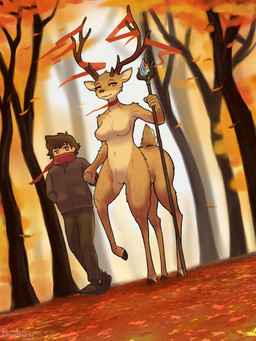 accessory antler_accessory antlers autumn biped black_clothing black_coat black_topwear bottomwear breasts brown_antlers brown_body brown_bottomwear brown_clothing brown_ears brown_fur brown_hair brown_nose brown_pants brown_tail choker clothed clothed/nude clothed_human clothed_male clothing coat countershade_face countershade_fur countershade_neck countershade_tail countershade_torso countershading crystal day detailed_background duo dutch_angle eye_markings eyelashes featureless_breasts female female_on_human female_taur footwear forest front_view fully_clothed fully_clothed_human fully_clothed_male fur furgonomics hair hand_holding holding_object holding_staff hooves horn horn_accessory human_on_taur interspecies jewelry leaf light_body light_skin looking_at_another male male/female male_on_taur markings medium_breasts multicolored_body multicolored_fur nature nature_background navel necklace nude nude_female nude_taur outside pants plant quadruped red_ribbon scarf scut_tail shoes short_tail smile spots spotted_body spotted_fur staff standing tail tan_body tan_countershading tan_fur tan_inner_ear tan_spots tan_tail topwear tree two_tone_body two_tone_fur two_tone_tail unguligrade yellow_eyes bunbury deer deer_taur human mammal mammal_taur taur 2025 3:4 colored digital_media_(artwork) full-length_portrait hi_res portrait shaded signature