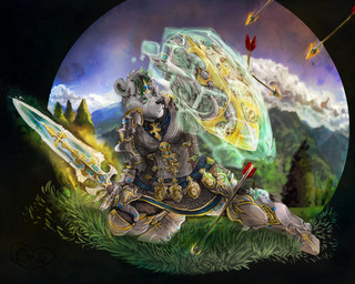 anthro armor black_nose clothed clothing cloud day front_view fur grass green_eyes grey_body grey_fur holding_melee_weapon holding_object holding_shield holding_sword holding_weapon male male_anthro melee_weapon mountain mouth_closed outside plant shield sky solo standing sword tree weapon chumbasket bear mammal polar_bear ursine 5:4 hi_res