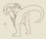 anthro anus armor balls bent_over big_balls butt butt_focus genitals looking_down male puffy_anus solo spread_butt spreading thehuskydragon risk_of_rain humanoid lemurian scalie hi_res