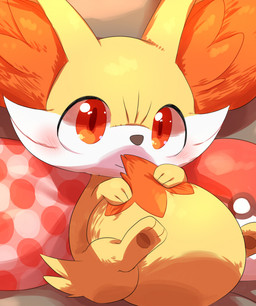 ambiguous_feral ambiguous_gender big_ears big_eyes big_tail blush brown_nose cheek_tuft covering covering_self covering_self_with_tail detailed_background digitigrade dipstick_tail facial_tuft feral fur holding_tail inner_ear_fluff looking_at_viewer markings orange_eyes paws pokeball sitting solo tail tail_markings tuft yellow_body yellow_fur makotoo nintendo pokemon canid canine fennekin generation_6_pokemon mammal pokemon_(species) 2017 portrait