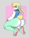 anthro backsack balls barefoot big_butt biped blonde_hair blue_eyes blush butt ears_down feet femboy genitals hair looking_back male multicolored_body pink_nose pivoted_ears rear_view soles solo two_tone_body reddrago animal_crossing nintendo sasha_(animal_crossing) lagomorph leporid mammal rabbit 2021 absurd_res hi_res