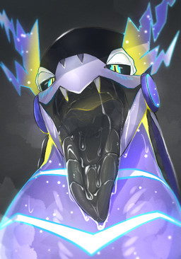 ambiguous_gender big_tongue black_insides black_mouth black_sclera black_tongue blue_blush blush blush_lines bodily_fluids breath dripping drooling fangs glowing glowing_mouth glowing_throat half-closed_eyes hot_breath looking_at_viewer looking_down low-angle_view mouth_shot narrowed_eyes open_mouth presenting presenting_mouth presenting_tongue purple_body saliva saliva_on_tongue saliva_string simple_background solo steam sweat teeth throat tongue tongue_out fklow nintendo pokemon future_pokemon generation_9_pokemon legendary_pokemon miraidon paradox_pokemon pokemon_(species) ultimate_mode_miraidon 2026 colored digital_drawing_(artwork) digital_media_(artwork) hi_res shaded