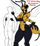 4_arms antennae_(anatomy) anthro arthropod_abdomen bodily_fluids carrying_another compound_eyes duo eyelashes faceless_character faceless_human faceless_male featureless_crotch female flat_chested genitals hands_on_hips heart_symbol insect_wings larger_anthro larger_female male multi_arm multi_limb muscular muscular_anthro muscular_female nude pussy simple_background size_difference small_waist smaller_human smaller_male stinger sweat text touching_face white_background wide_hips wings artlegionary arthropod human hymenopteran insect mammal wasp english_text