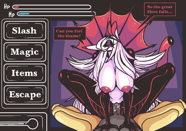 anthro anthro_on_anthro armor big_breasts bodily_fluids breasts clothed clothing cowgirl_position defeat_sex dialogue dominant dominant_female duo female female_on_top first_person_view from_front_position fur gameplay_mechanics genitals grey_body grey_fur gui hair hanging_breasts health_bar long_hair looking_at_viewer male male/female markings mole_(marking) nipples on_bottom on_top penetration penile penile_penetration penis_in_vagina red_eyes sex smug smug_expression smug_face smug_grin speech_bubble vaginal vaginal_penetration vulva white_body white_fur white_hair ponporio mammal aliasing binary_drawing digital_drawing_(artwork) digital_media_(artwork)