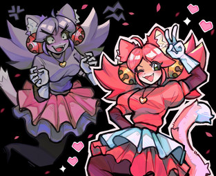 ahoge animal_ears big_breasts bottomwear breasts clothed clothed_female clothed_humanoid clothing duo fangs female fully_clothed fully_clothed_female fully_clothed_humanoid gesture ghost_tail gloves hair hair_bell hand_gesture handwear heart_necklace inner_ear_fluff light_body light_skin pink_clothing pink_hair pink_topwear purple_body purple_clothing purple_hair purple_skin skirt tail teeth topwear tuft v_sign white_bottomwear white_clothing white_gloves white_handwear white_skirt just_keke000 deltarune undertale_(series) irritable_ghost_(deltarune) mad_mew_mew mew_mew_(undertale) pink_(deltarune) animal_humanoid cat_humanoid felid felid_humanoid feline feline_humanoid ghost humanoid mammal mammal_humanoid spirit 2026