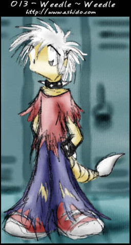 alternative_fashion anthro bracelet clothed clothing collar hair inside jewelry locker male pokemorph punk school solo spiked_bracelet spiked_collar spikes spikes_(anatomy) standing torn_clothing wheedle white_hair yellow_body yellow_skin zarla nintendo pokemon arthropod insect low_res