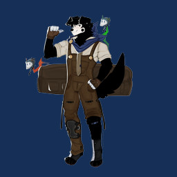 anthro band-aid band-aid_on_knee band-aid_on_leg bandage black_body black_fur clothing collared_shirt dress_shirt drone duffel_bag floppy_ears flying_drones fur gesture gloves hand_gesture hand_on_hip handwear kerchief male markings mole_(marking) neckerchief necktie neckwear overall_pants overalls paw_socks pie_cut_eyes pockets pointing pointing_at_self rolled_up_pants rolled_up_sleeves shirt shirt_collar smile snaggle_tooth solo straps tail topwear travel_bag white_body white_fur cerberussenn lucky_sweeto_(cerberussenn) canid canine canis mammal wolf 1:1 absurd_res alpha_channel hi_res signature