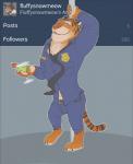 alcohol anthro beverage blush bulge clothing cocktail countershading holding_fixture looking_at_viewer male pole police police_uniform smile solo standing stripper_pole uniform user_avatar fluffysnowmeow disney tumblr zootopia tiger_dancer_(zootopia) felid mammal pantherine tiger hi_res