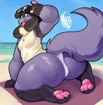 anthro beach big_butt black_body black_fur blue_body blue_fur breasts butt chest_tuft clothing day dripping dripping_wet eyewear feet female fur hindpaw holding_eyewear holding_object holding_sunglasses kneeling looking_at_viewer open_mouth outside pawpads paws sea seaside sky smile solo spikes spikes_(anatomy) sunglasses swimwear teeth thick_thighs tongue translucent translucent_clothing translucent_swimwear tuft water wet wide_hips yellow_body yellow_fur alwaysfaceleft nintendo pokemon generation_4_pokemon lucario pokemon_(species) absurd_res hi_res