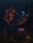 black_smoke blue_body blue_scales bubble claws deep_sea detailed_background female feral genitals glowing glowing_horn horn looking_up multicolored_wings pupils pussy scales smoke solo spines swimming tail teeth underwater_scenery volcano wings yellow_eyes mira_cantutaru mythology limali anglerfish aquatic_dragon dragon fish marine mythological_creature mythological_scalie scalie absurd_res hi_res signature