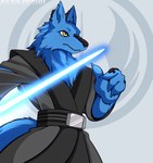 4_fingers belt blue_body blue_fur blue_lightsaber fingers fur jedi jedi_tunic lightsaber male melee_weapon solo weapon yellow_eyes sagemerric star_wars akar_deshu canid canine mahran mammal hi_res