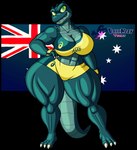 3_toes abs anthro australian_flag big_breasts border bottomwear bra breasts claws cleavage clothed clothing facial_piercing feet female finger_claws green_body green_scales humanoid_hands lip_piercing lip_ring muscular muscular_anthro muscular_female navel piercing ring_piercing scales shorts smile solo sports_bra standing thick_thighs toe_claws toes transparent_border underwear blu3danny tansau willow_campbell crocodile crocodilian reptile scalie 2023 absurd_res alpha_channel hi_res