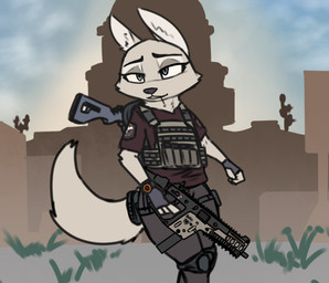 anthro arm_tuft bad_trigger_discipline bottomwear bulletproof_vest cheek_tuft clothed clothing elbow_tuft eyebrows facial_tuft female fingerless_gloves gloves grey_eyes grey_nose gun half-closed_eyes handwear holding_gun holding_object holding_ranged_weapon holding_weapon looking_back match narrowed_eyes outline pants plate_carrier raised_inner_eyebrows ranged_weapon shirt simple_background solo standing tactical text topwear tuft weapon white_outline josun disney the_division tom_clancy's_(series) ubisoft zootopia skye_(zootopia) arctic_fox canid canine fox mammal true_fox 2019 english_text