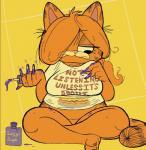 4_fingers anthro belly big_breasts biped bottomless breasts clothed clothing colored_nails crossed_legs crossgender female fingers frown fur hair hair_over_eye half-closed_eyes huge_nails long_hair long_nails markings messy mtf_crossgender nails narrowed_eyes one_eye_obstructed orange_body orange_fur orange_hair overweight overweight_anthro overweight_female painting_nails purple_nails round_nails shirt sitting slightly_chubby solo striped_markings striped_tail stripes t-shirt tail tail_markings text topwear kaboozey garfield_(series) garfield_the_cat domestic_cat felid feline felis mammal 2017 digital_media_(artwork) english_text