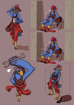anthro basic_sequence beak bench biped blue_body blue_feathers bodily_fluids bottomwear bottomwear_down breath clothed clothing cum cumshot dirty drinking ejaculation erection eyes_closed feathers five_frame_image five_frame_sequence footwear front_view genital_fluids genitals high-angle_view humanoid_genitalia humanoid_penis jumpsuit kerchief leaning leaning_backward locker locker_room male masturbation multi_frame_sequence on_bench orgasm panting pants pants_down partially_clothed penile penile_masturbation penis penis_poking_out penis_through_fly perspective reclining sandals shirt shoes sitting solo standing tank_top tools topwear walking wrench aledonrex nintendo star_fox falco_lombardi avian bird falcon falconid digital_media_(artwork) multiple_images sequence sketch sketch_page