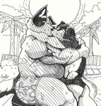 anthro australian_cattle_dog barazoku belly black_and_white bluey_(series) butt canid canine canis cattledog clothing domestic_dog duo fur herding_dog hi_res hug hugging_another kiss_on_lips kissing male male/male mammal monochrome musclegut muscular muscular_anthro muscular_male obese overweight pastoral_dog pinumontbalou pool romantic romantic_couple stripe_heeler swimming_pool swimwear tail