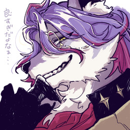 anthro bottomwear clothing eyewear fur grey_body grey_fur hair handwear kerchief looking_at_viewer male monocle multicolored_body multicolored_fur neckerchief neckwear purple_hair simple_background smile smiling_at_viewer solo teeth topwear two_tone_body two_tone_fur white_body white_fur yellow_eyes eihorth1zin compass_(combat_providence_analysis_system) charles_richter_(compass) canid canine canis mammal wolf 2026