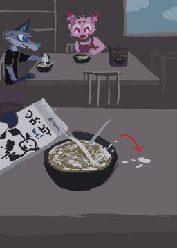 anthro black_clothing black_shirt black_t-shirt black_topwear blue_body blue_fur cereal chair clothing cutlery directional_arrow duo female food fur furniture holding_spoon kitchen_utensils male milk pink_body pink_fur shirt spoon t-shirt table tools topwear window demensa emil_(demensa) canid canine canis coyote domestic_dog mammal 2023 comic digital_media_(artwork) hi_res pixel_(artwork)