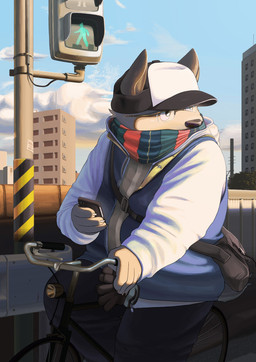 anthro bicycle black_nose city clothing detailed_background eyewear glasses hat headgear headwear humanoid_hands kemono male outside shirt solo sweater topwear vehicle kyasyuu canid canine canis domestic_dog mammal 2015 hi_res
