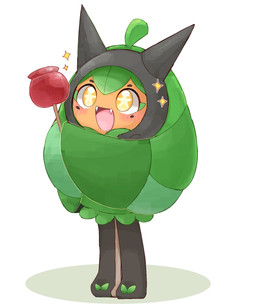 ambiguous_gender apple blush blush_lines bodily_fluids candy candy_apple dessert drooling fangs food fruit holding_food holding_object open_mouth orange_eyes plant saliva simple_background solo sparkles star_eyes teeth tongue rairaidiot nintendo pokemon generation_9_pokemon humanoid legendary_pokemon ogerpon pokemon_(species) teal_mask_ogerpon 2026 hi_res female_(lore)