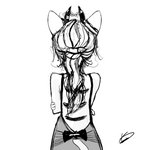 accessory anthro backless_clothing backless_dress black_ribbon bow_ribbon clothed clothing dress female flower_accessory furgonomics hair horn horn_accessory open_back_dress rear_view solo stripes forrest18 felid feline mammal 1:1 hi_res monochrome sketch