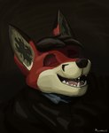 anthro black_hair blind dark_clothing disability fur hair happy male red_body red_fur smile solo white_body white_fur michanicks michanicks_(fursona) canid canine fox mammal dark_background digital_media_(artwork) digital_painting_(artwork) headshot_portrait painting_(artwork) portrait