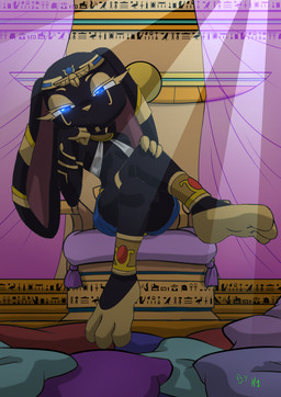 3_toes accessory anklet anthro armlet big_ears biped black_body black_ears black_fur blonde_eyelashes blue_bottomwear blue_clothing bottomwear breasts chair clothed clothed_anthro clothed_female clothing crossed_legs decorative_scarab egyptian egyptian_clothing eyelashes feet female female_anthro floppy_ears fur furniture gold_(metal) gold_anklet gold_armlet gold_jewelry half-closed_eyes jewelry leaning leaning_sideways looking_at_viewer lop_ears mouth_closed multicolored_body multicolored_ears multicolored_fur narrowed_eyes pillow pink_inner_ear plantigrade purple_pillow side_boob sitting skimpy small_breasts soles solo throne toes topwear two_tone_body two_tone_ears two_tone_fur usekh white_clothing white_topwear yellow_body yellow_ears yellow_fur yellow_nose h1draw nefi_(waketab) lagomorph leporid mammal rabbit 2026 absurd_res hi_res hieroglyphic_text signature