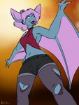 3_fingers anthro biped blue_body bottomwear breasts choker clothed clothing fangs female fingers fully_clothed gradient_background hair jewelry legwear low-angle_view membrane_(anatomy) membranous_wings navel necklace open_mouth open_smile purple_hair purple_wings shorts side_boob simple_background skimpy_topwear smile solo standing teeth text three-quarter_view torn_clothing torn_legwear white_eyes winged_arms wings halcy0n nintendo pokemon generation_1_pokemon pokemon_(species) zubat 2022 3:4 artist_name colored hi_res