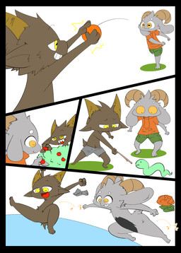 anthro belly black_belly bottomwear brown_body brown_fur clothed clothing curved_horn duo eating featureless_crotch fingers food fruit fur green_bottomwear green_clothing green_pants grey_body grey_fur hair horn jumping long_ears male nude nude_male open_mouth orange_clothing orange_shirt orange_topwear pants plant playing_ball pond shirt simple_background solo spread_legs spreading stick surprised throwing_object topwear yellow_eyes oomamoke bolgogi bovid caprine goat mammal reptile scalie snake absurd_res comic digital_media_(artwork) hi_res