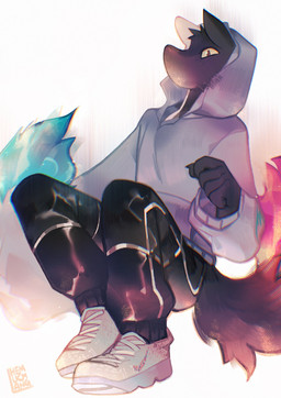 2_tails 5_fingers anthro black_body black_bottomwear black_clothing black_footwear black_fur black_pants black_socks blue_clothing blue_hoodie blue_tail_tip blue_topwear bottomwear clothing dipstick_tail fingers footwear fur hoodie male markings multi_tail pants red_eyes red_tail_tip shoes slim_anthro slim_male socks solo tail tail_markings topwear white_body white_clothing white_footwear white_fur white_shoes white_tail hemuchang mammal mephitid skunk 2022 hi_res