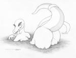 2016 anthro anthrofied ass_up big_butt butt ecmajor english_text female generation_7_pokemon lizard looking_at_viewer looking_back monochrome mud nintendo nude pokemon pokemon_(species) pokemorph raised_tail reptile salazzle scalie signature smile solo tail text traditional_media_(artwork)