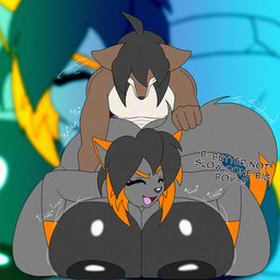 anthro areola big_breasts breast_squish breasts butt dark dark_areola duo female glistening glistening_breasts male male/female male_on_top motion_lines muscular muscular_male on_top plap_(sound) squish tail tail_grab text sinshadowed hex_the_fox sin_the_hedgehog canid canine canis mammal wolf 1:1 english_text