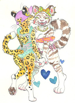 anthro bikini breasts butt cleavage clothed clothing duo ear_piercing ear_ring eyes_closed female female/female fur hand_holding hat headgear headwear heart_symbol jewelry leucistic licking markings necklace open_mouth pawpads paws piercing ring_piercing simple_background smile spots striped_body striped_fur stripes swimwear tail tongue tongue_out topwear two-piece_swimsuit underwear white_background yellow_body kyokyota felid feline leopard mammal pantherine tiger 2021 hi_res traditional_media_(artwork)