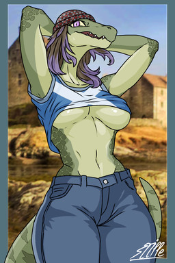 anthro breasts clothed clothing female glistening glistening_breasts hair medium_breasts navel no_underwear non-mammal_breasts non-mammal_hair non-mammal_navel scales scotland_flag solo stille crocodile crocodilian reptile scalie hi_res