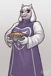 anthro breasts clothed clothing dessert eyebrows eyelashes female food fur holding_food holding_object holding_pie horn looking_at_viewer mature_anthro mature_female pastry pie piercing red_eyes solo white_body white_fur rawslaw5 undertale undertale_(series) toriel boss_monster_(undertale) bovid caprine goat mammal 2022 hi_res