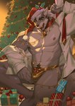anthro areola bulge canid canine canis christmas christmas_clothing christmas_headwear christmas_tree clothing countershade_face countershade_torso countershading frde hat headgear headwear holidays inner_ear_fluff male mammal muscular muscular_anthro muscular_male nipples plant santa_hat solo tree tuft wolf