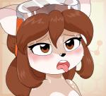 abstract_background alfa995 anthro blush bodily_fluids braided_hair brown_body brown_eyes brown_fur brown_hair deer doe_(alfa995) eyewear female fur goggles hair heat_(temperature) long_hair mammal nude reaction_image solo suggestive sweat tongue tongue_out