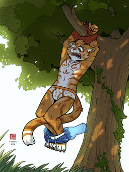 anthro black_text bound briefs claws clothed clothing colored_seam_briefs colored_seam_underwear disembodied_hand embarrassed embarrassing_exposure embarrassing_nudity fur ghost_hand green_eyes leaf male navel open_mouth orange_body orange_fur orange_seam_briefs orange_seam_underwear orange_waistband outside pink_nose plant print_briefs print_clothing print_underwear red_clothing red_shirt red_topwear sharp_teeth shirt shocked sky solo teeth teeth_showing text tongue_showing topless topless_anthro topless_male topwear tree underwear whiskers white_body white_briefs white_clothing white_fur white_sky white_underwear fudatsu domestic_cat felid feline felis mammal 2026 3:4 hi_res signature