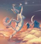 anthro big_breasts big_ears breasts claws cloud female fur hair moon mountain nipples nude outside pawpads pink_pawpads raised_arm ribbons sky solo star toe_claws white_body white_fur punisa canid canine mammal hi_res