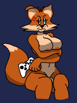 anthro big_breasts breasts controller covering covering_self cross-popping_vein game_controller genitals gynomorph intersex nipples penis solo wide_hips xbox_controller mexisabine microsoft xbox xbox_game_studios karen_the_fox_(mexisabine) canid canine fox mammal red_fox true_fox hi_res trans_(lore) trans_woman_(lore)