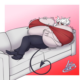 big_breasts boots breast_expansion breasts cleavage clothed clothing expansion female footwear furniture hair hand_on_breast heart_symbol high_heeled_boots high_heels holding_breast horn huge_breasts hyper hyper_breasts looking_at_viewer lying motion_lines not_furry on_back pointed_tail red_eyes shoes sofa solo text under_boob white_hair lunarspy helltaker lucifer_(helltaker) demon demon_humanoid horned_humanoid humanoid 2023 hi_res watermark