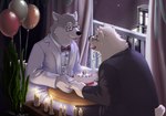 balloon bottomwear cake candle clothing dessert detailed_background duo eyes_closed eyewear food fur glasses humanoid_hands inflatable kemono male male/male necktie night pants romantic romantic_ambiance shirt sitting topwear white_body white_fur henjikotetsu bear canid canine canis mammal polar_bear ursine wolf 2018