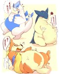 ambiguous_gender anthro belly belly_grab big_belly blue_body blue_fur blush bodily_fluids dialogue dotted_line dotted_line_speech_bubble fur hands_on_stomach kemono looking_down lying male on_back orange_body orange_fur overweight overweight_male paws polygonal_speech_bubble slightly_chubby solo speech_bubble squish sweat tail tan_body tan_fur text weight_gain night_owl_zz nintendo pokemon floatzel generation_2_pokemon generation_4_pokemon legendary_pokemon lugia pokemon_(species) typhlosion hi_res japanese_text multiple_images translated