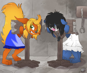 ambiguous_gender anthro barefoot biped black_hair black_nose blonde_hair blue_body blue_clothing blue_dress bound clenched_teeth clothed clothing digitigrade dress eyebrows feet female feral fluffy fluffy_tail fur grey_body grey_fur group hair hair_over_eyes inside looking_aside markings orange_body orange_fur plantigrade quadruped restraints short_hair stocks tail teeth trio white_clothing white_dress young young_anthro young_female fuf nintendo pokemon eeveelution flareon generation_1_pokemon generation_7_pokemon mammal mouse murid murine pokemon_(species) popplio rodent 2019 hi_res