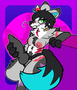 accessory anthro big_strapon big_tail black_claws black_hair body_hair breasts breath claws ear_tuft ears_up eyelashes facial_markings fangs female feminine fur green_eyes hair head_markings holding_strapon knotted_strapon leaning leaning_on_object looking_at_viewer markings multicolored_body multicolored_fur neck_tuft paws pose pubes seductive shadow simple_background snout solo strapon straps tail teeth tuft otterjunk logan_(cleothebirb) canid canine canis demon hybrid mammal wolf 2025 absurd_res digital_drawing_(artwork) digital_media_(artwork) hi_res male_(lore)