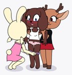 4_fingers anthro antlers assisted_exposure bare_shoulders big_eyes biped black_clothing black_shirt black_topwear blue_eyes blush bottomwear bottomwear_down bottomwear_pull bow_panties bow_underwear bra_strap breasts brown_body brown_fur brown_nose clothed clothing clothing_pull cotton_tail crop_top dog_ears dress embarrassed exposed_panties eyelashes female fingers forced forced_exposure fully_clothed fur group heart_pattern_panties heart_pattern_underwear hooves horn humiliation looking_down no_pupils open_mouth panties pantsing partially_clothed paws pigtails pink_clothing pink_dress pink_eyes pink_nose pink_panties pink_underwear purple_bottomwear purple_clothing purple_shorts rabbit_ears red_bottomwear red_clothing red_skirt shirt short_tail shorts shorts_down shorts_pull simple_background skirt smile standing strapless_clothing strapless_dress tail tan_body tan_fur tank_top topwear trio underwear undressing_another white_background white_clothing white_shirt white_tank_top white_topwear pazymomo evelyn_(pazymomo) ferra_(pazymomo) yoghurt_(pazymomo) bird_dog canid canine canis cocker_spaniel deer domestic_dog hunting_dog lagomorph leporid mammal new_world_deer rabbit reindeer spaniel 2022 digital_drawing_(artwork) digital_media_(artwork) flat_colors hi_res